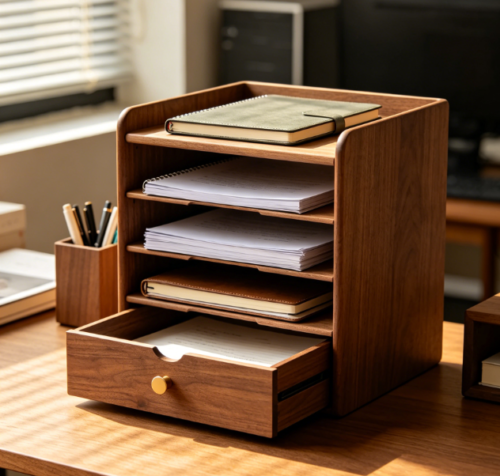 Multi-Layer Desktop Bookshelf with Drawer – Office Storage Organizer Unit